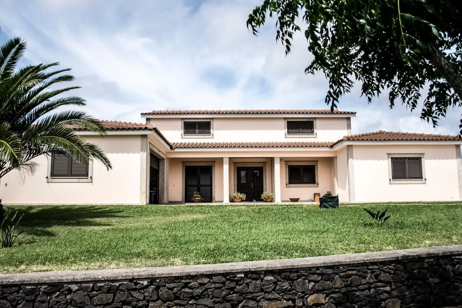 Single-family home with a tile roof, palm tree, and green lawn