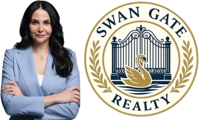 Mika Harris in a blue blazer beside the SwanGate Realty seal