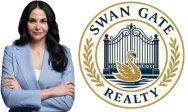 Mika Harris in a blue blazer beside the SwanGate Realty seal